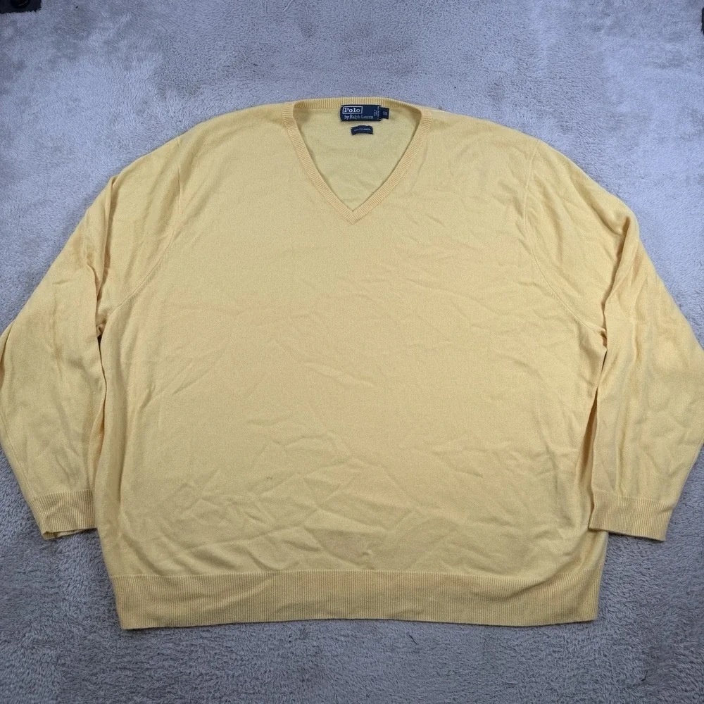 Polo Ralph Lauren Sweater Mens 5XB Yellow 100% Cashmere V-Neck Soft Pullover